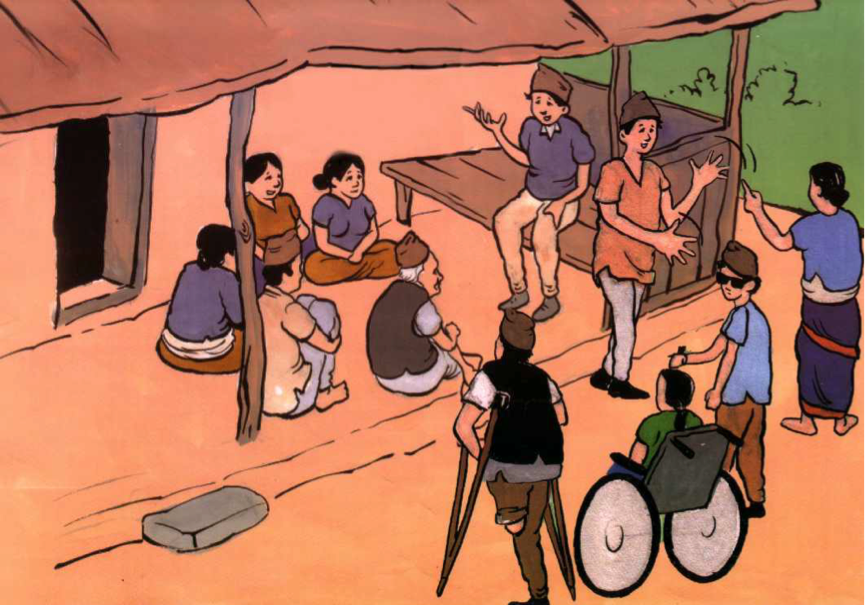 A meeting taking place outside a house where people with and without disabilities participate