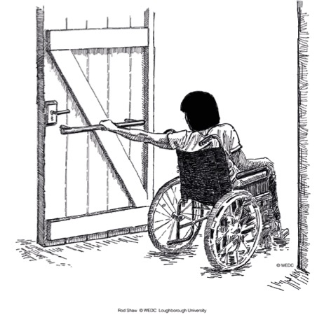 Wheelchair user passing a door and using handrail to close.