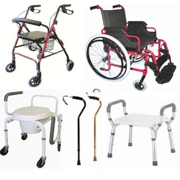 Different types of of assistive devices, such as walker, wheelchair, canes and moveable toilet seat