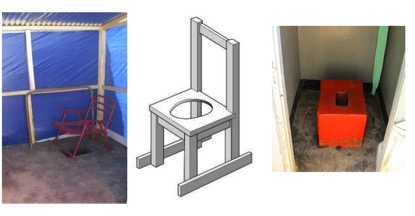 Three different types of latrine adaptation. A plastic chair with a hole above the pit, a wooden chair with a hole, and a concrete commode made as a raised seat over a pitlatrine