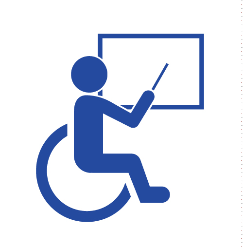 Sign of a wheelchair user in front og a screen