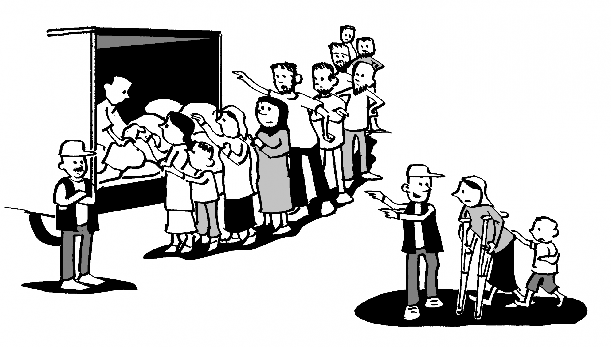 Image of a food distribution where different reasonable accomodation where ensure for people with disabilities to participate to the distribution