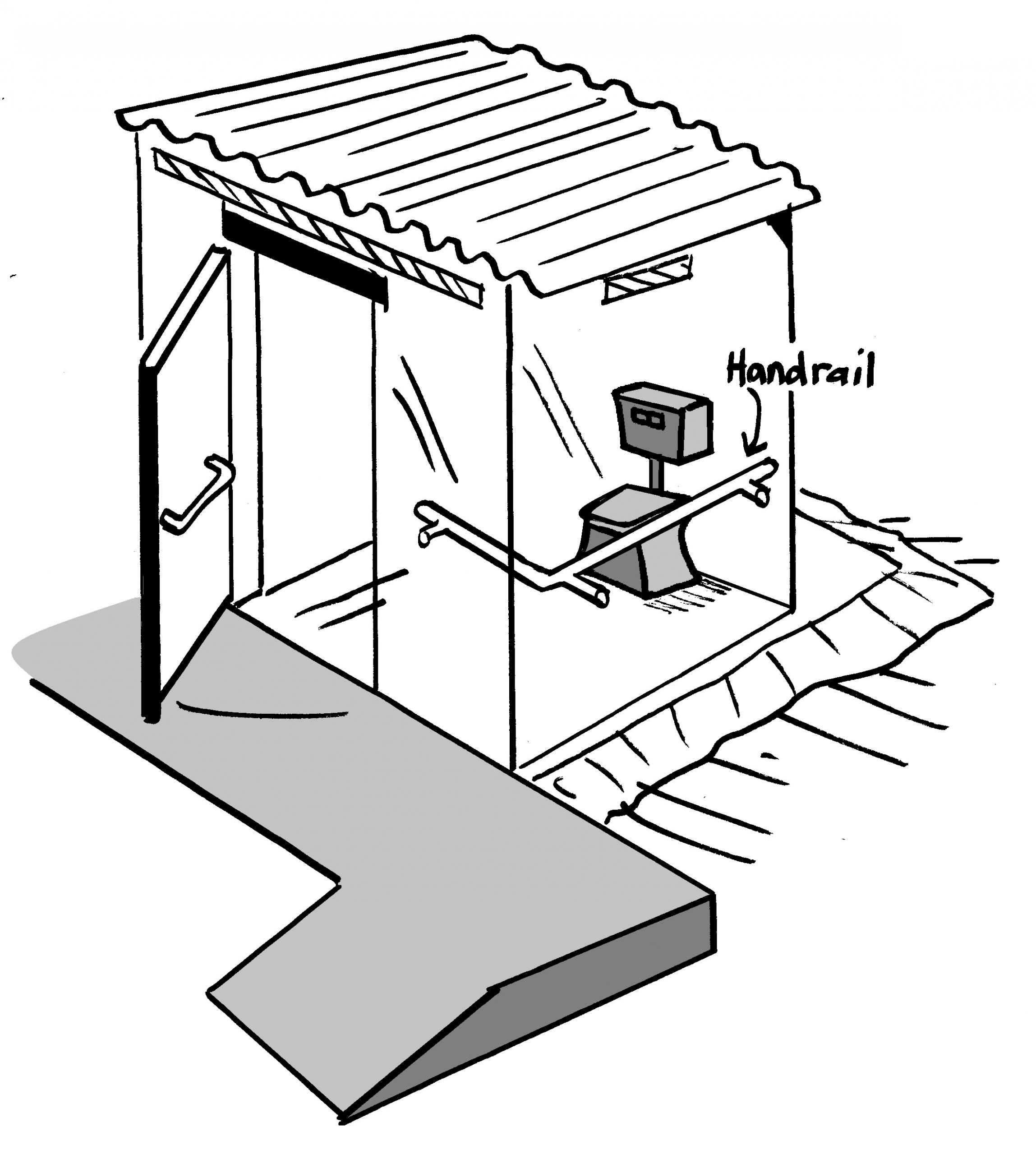 A latrine, which has a ramp and showing the positioning of a grabrail