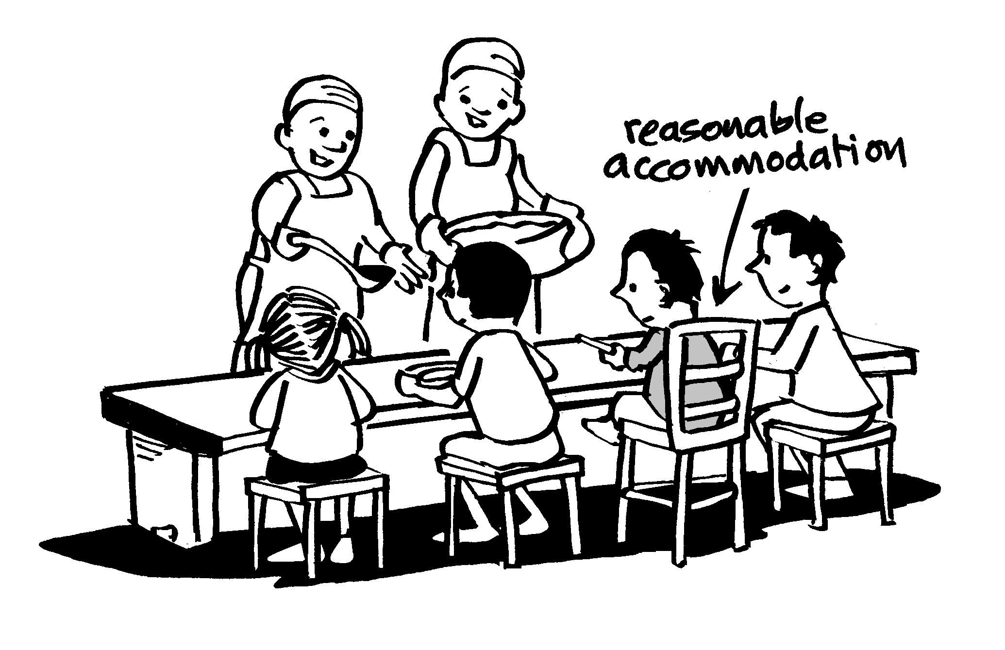 Example of reasonable accomodation for a kid with disabilities with a chair that support him sit preoperly while having food