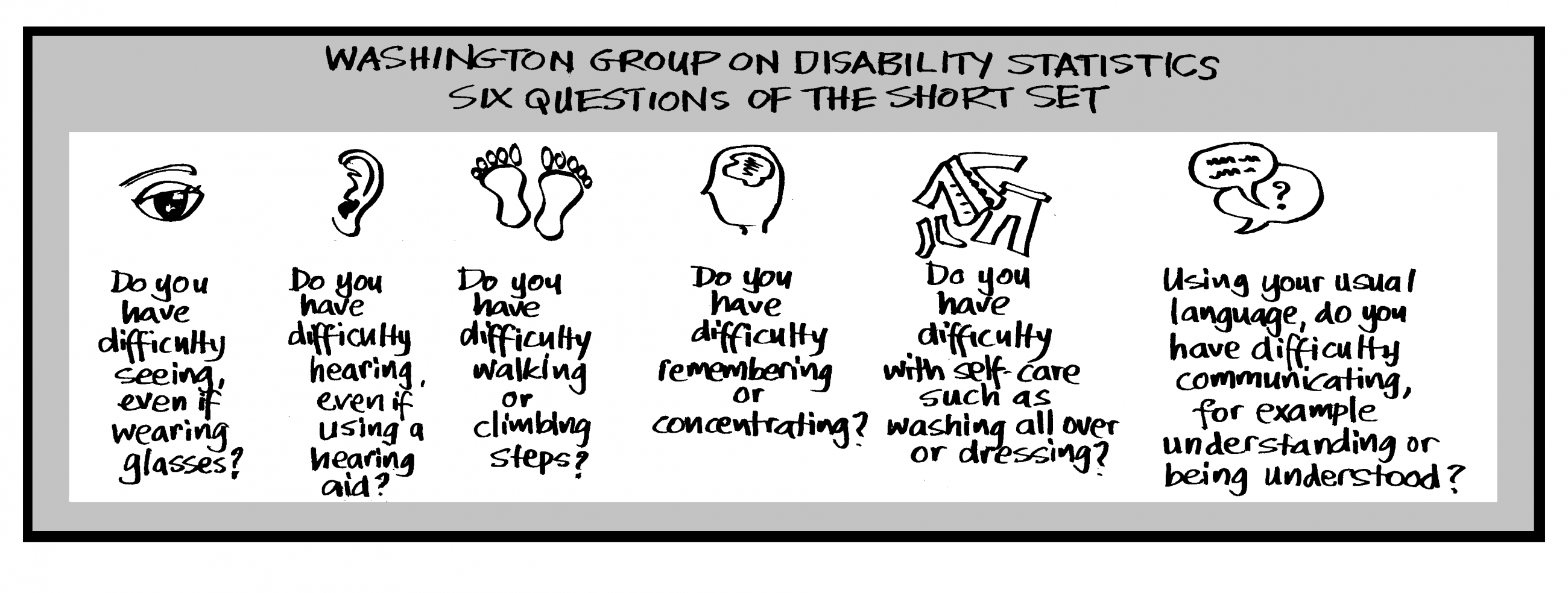 representation of the 6 questions of the Washignton tool