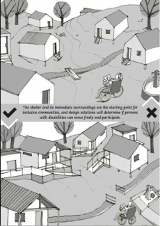 La escena muestra una zona de alojamientos con varias barreras y en la imagen inferior se muestra la misma zona de alojamientos con las barreras retiradas o adaptadas. En la imagen se puede leer: “El alojamiento y los alrededores son el punto de partida de las comunidades inclusivas, y conseguir un buen diseño determinará si las personas con discapacidad podrán moverse libremente y participar”.