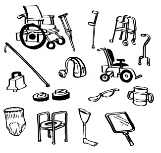 image de plusieurs dispositifs d'assistance tels qu'un fauteuil roulant, une canne, etc.