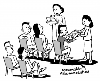 Example of reasonable accomodation in a meeting where a person with hearing impairement received the text of the person who is speaking to follow him