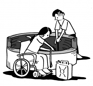 A well with different heights of the surrounding wall. Two persons are shown fetching water, one is using a wheelchair